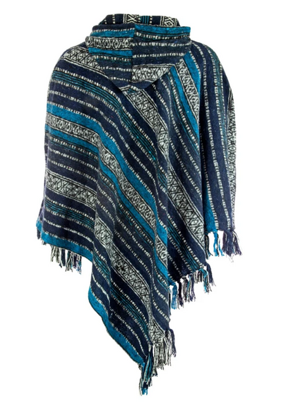 Blue Himalayan Hooded Cape Nepalese 100% Cotton Poncho Camping & Festival