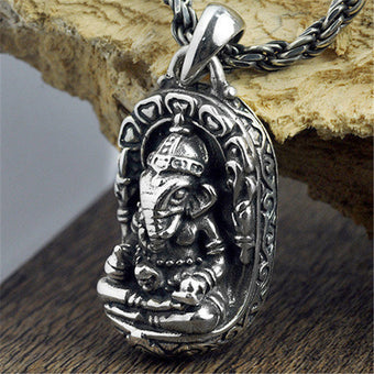 100% 925 Sterling Silver Ganesha Lucky Buddha Pendant Elephant God Amulet