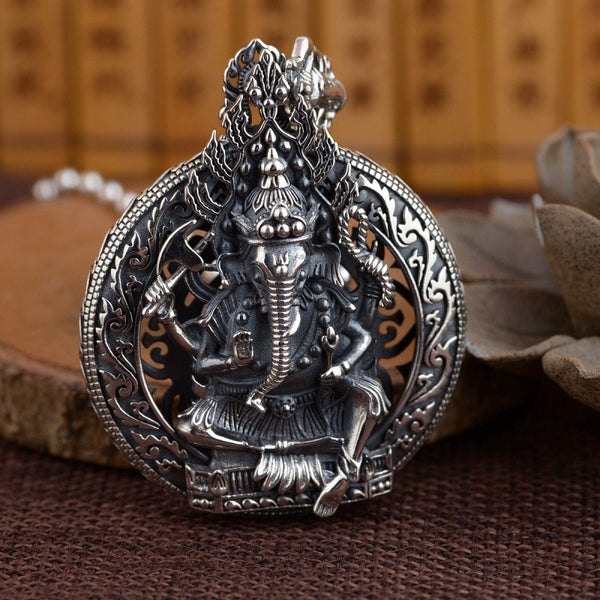 100% Nepal 925 Silver Ganesh Pendant Necklace  Buddha Amulet Good fortunate and Luck