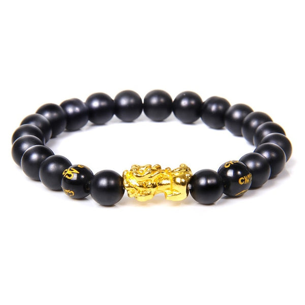 8 mm Natural Stone Fengshui Bracelet with Gold Charm Pixiu  Lucky Amulet