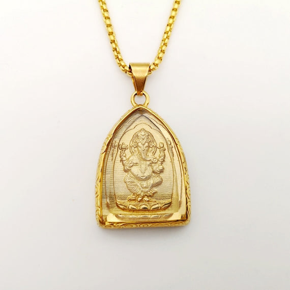 Lucky Ganesh Solid Stainless Steel Gold Plated Pendant Necklace Locket