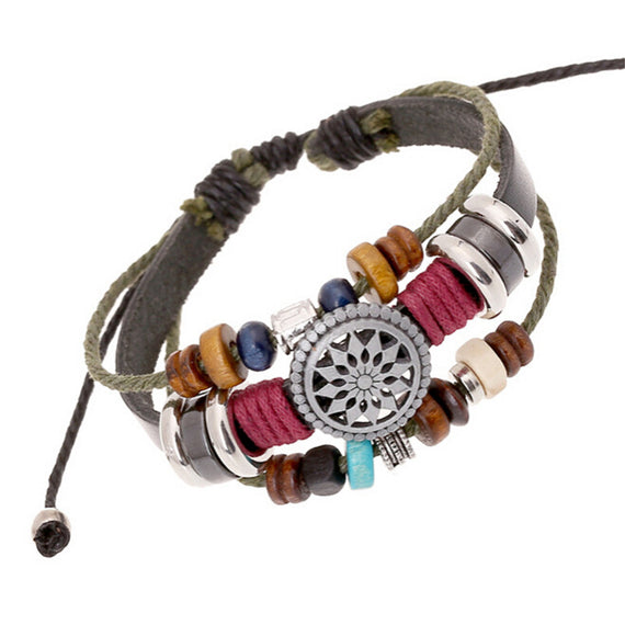 Handmade high quality leather and Tibetan Silver chakra charm stacked bracelet