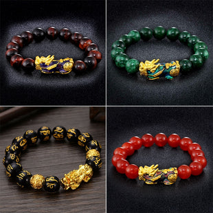 Pixiu Natural Stone Bracelet  Feng Shui  Obsidian Wristband for good fortune and Luck