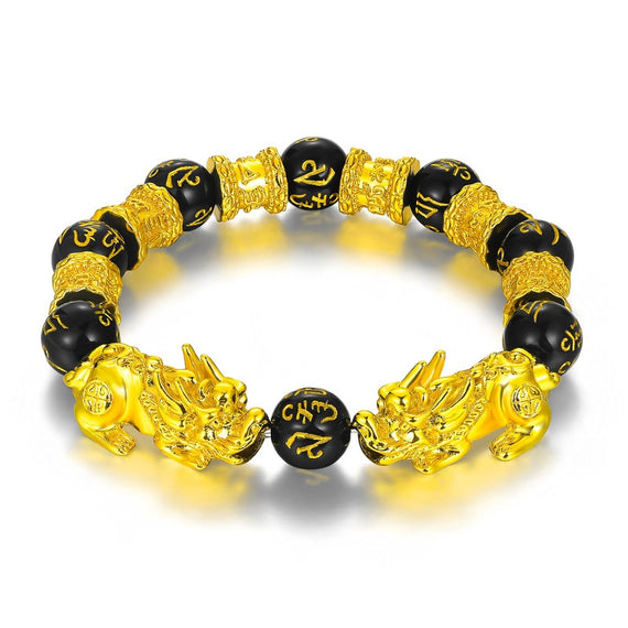 Handmade Fengshui Golden Color Pixiu Natural Obsidian Beads Bracelet Lucky Charm