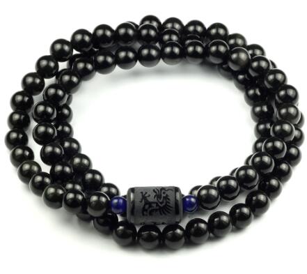 Black  Obsidian Natural Stone Beads Bracelets Engraved With Dragon Phoenix Strand Bracelet Fengshui Crystal Jewelry