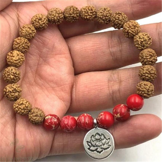 Red Jasper Rudraksha Beads Mala Bracelet Silver Lotus Charm Yoga Healing Reiki Mala