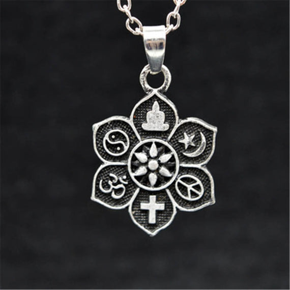 Norse Viking Jewelry Moon Tibetan Buddhist Six-word Mantra Flower Shape Pendant Ture Word Necklace Amulet Retro Cross Necklace