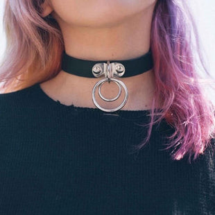 Gothic PU Leather Choker Collar necklace Stainless Steel O- Ring
