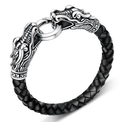 Tibetan Silver Leather Hand Braided Dragon Bracelet