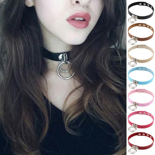 Gothic PU Leather Choker Collar necklace Stainless Steel O- Ring