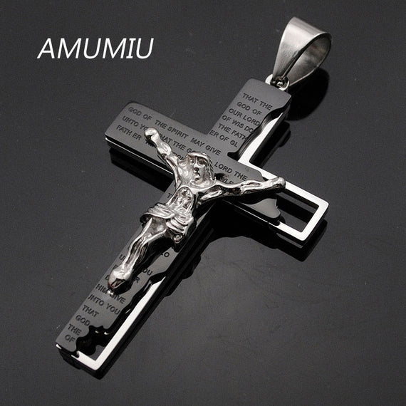 AMUMIU Catholic Church Stainless Steel Jesus Cross Necklace Religion Crucifix Pendant Fashion Jewelry For Men&Women KP102