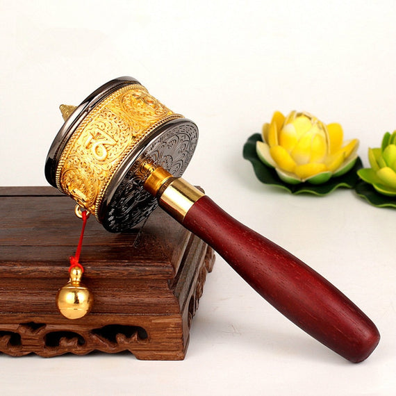 Extremely Exquisite Gilt Carving Hand Cranking Prayer Wheel with Pendant High Grade Tibetan Buddhist Tantric Musical Instruments