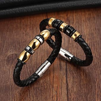 Black Genuine Leather Gold Trendy Magnetic Charm Bracelet