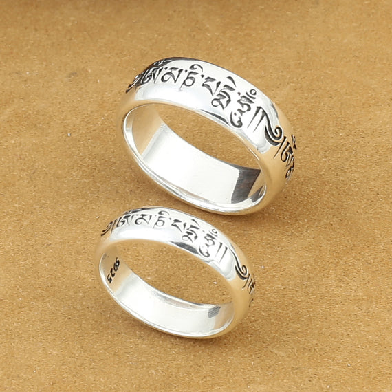 Handmade 925 Silver Tibetan OM  mantra carved wedding bands ring