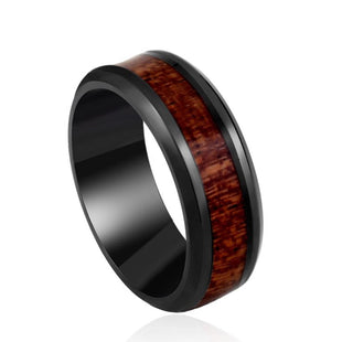 Classic Mahogany Wood and Matte Black Titanium Steel Uni Sex Ring