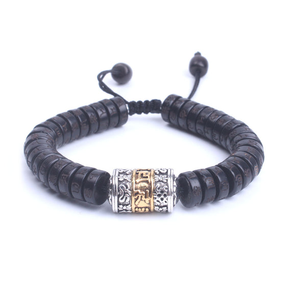 Buddhist Om mantra carved coconut beads and Prayer wheel charm bracelet