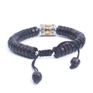 Buddhist Om mantra carved coconut beads and Prayer wheel charm bracelet
