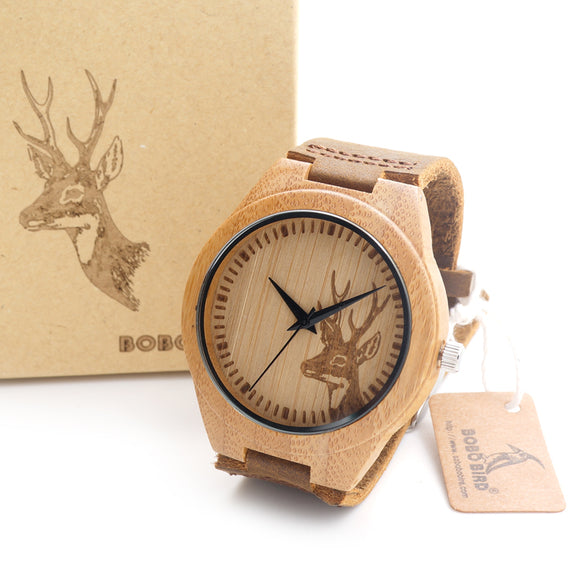 HANDCRAFTED BAMBOO ELK STAMPED BAMBOO QUARTZ WATCH