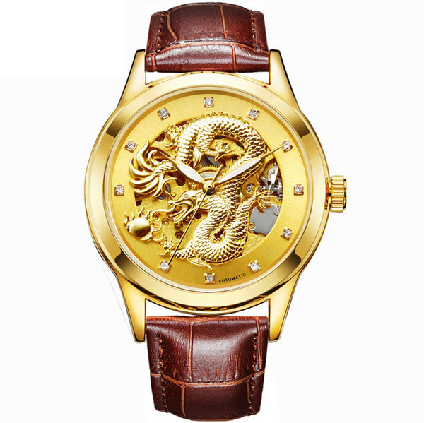 GENUINE LEATHER BAND LUXURY GOLDEN DRAGON AUTOMATIC WATCH
