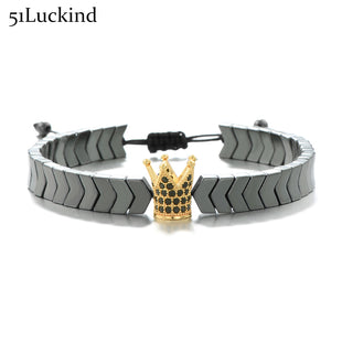 Luxury Micro Zirconia Crown Hand Braided V Hematite Bracelet