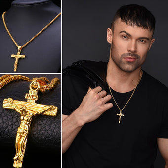 Gold Color Stainless Steel Cross Pendant Chain Link Chain Necklace Crucifix Jesus Locket