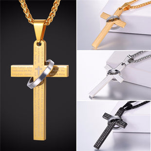 Stainless Steel Bible Scripted Crucifix Cross Pendant Ring & Chain Necklace