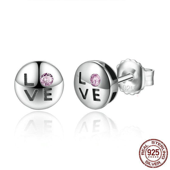 100% 925 Sterling Silver Pink Crystals LOVE Small Stud Earrings for Women