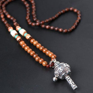 Sandalwood Beads and Prayer wheel Buddhist Mala Necklace