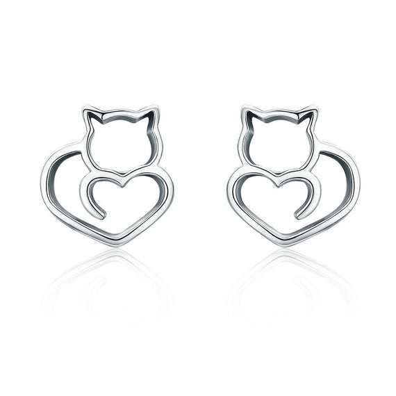 Authentic 925 Sterling Silver Cute Cat Small Stud Earrings for Women