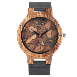 EXOTIC MENS HANDCRAFTED BAMBOO QUARTZ WATCH WITH LEATHER BAND