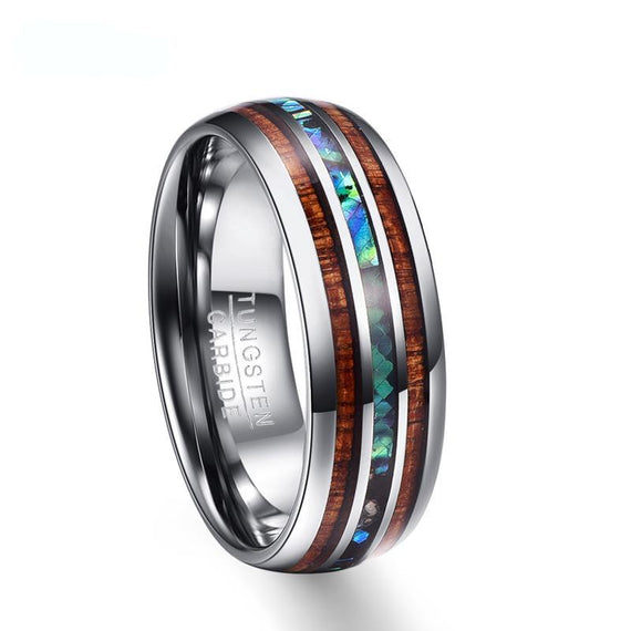 Exclusive Koa wood & Power Shell inlay tungsten carbide ring