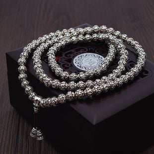 Buddhist 108 Beads 999 Pure Silver Mantra Rosary Mala Necklace