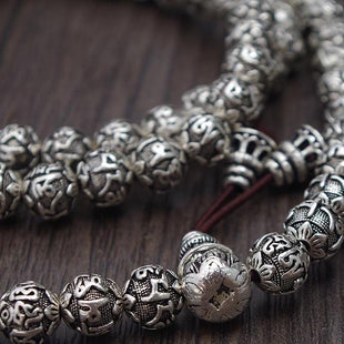 Buddhist 108 Beads 999 Pure Silver Mantra Rosary Mala Necklace