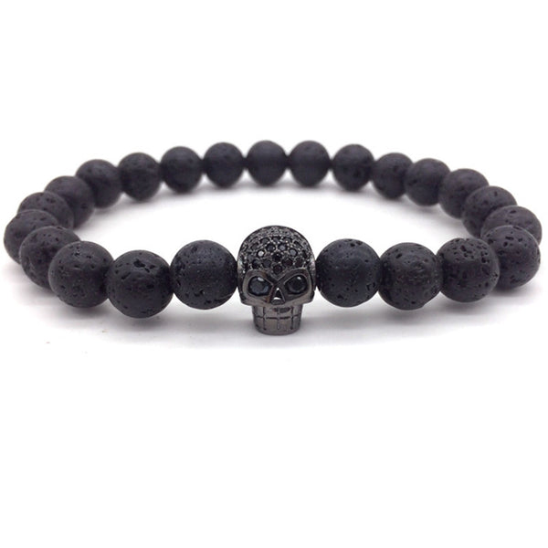 HAND MADE COPPER SKULL WITH MICRO PAVE CRYSTALS LAVA STONE BRACELET