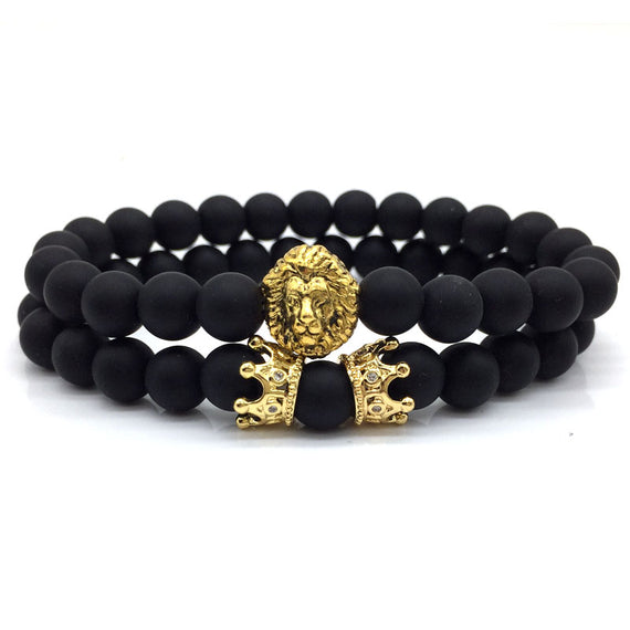 HIGH QUALITY LION KING CROWN ONYX MOOD TRACKER STACKED BRACELET X2