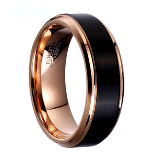 Unisex brushed black and rose gold plated tungsten carbide engagement ring
