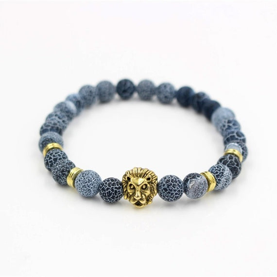 Natural Blue Marble Stone Gold Lion Head Elasticised Bracelet
