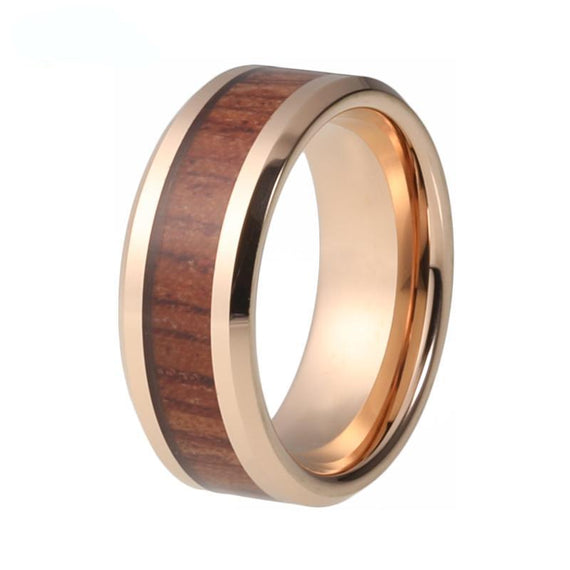 Rose Gold Unisex Wedding Band Tungsten Ring With Rosewood Inlay