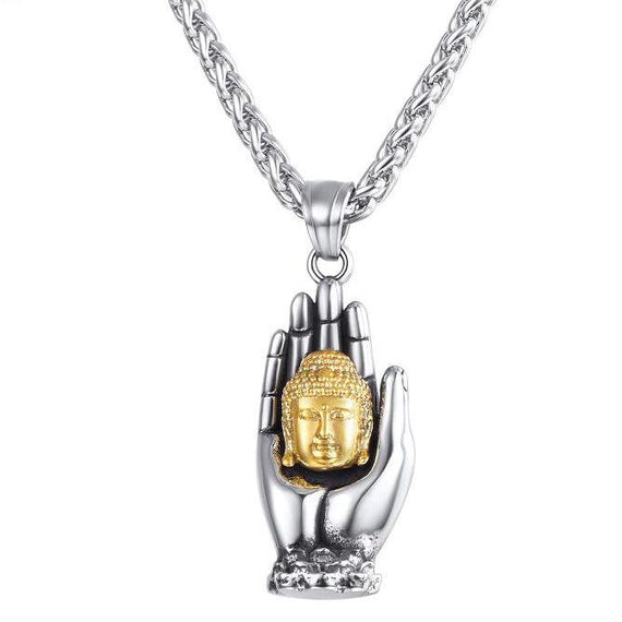 Stainless Steel Hand Palms Buddha Pendant & Necklace