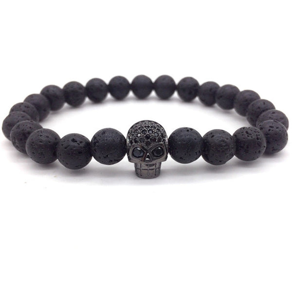HAND MADE COPPER black SKULL WITH MICRO PAVE CRYSTALS LAVA STONE BRACELET