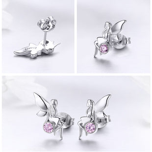 925 Sterling Silver Flower Fairy Pink CZ Stud Earring