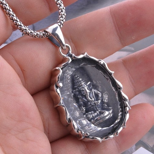 100% Nepal 925 Silver Ganesh Enclosed Pendant Necklace Buddha Amulet