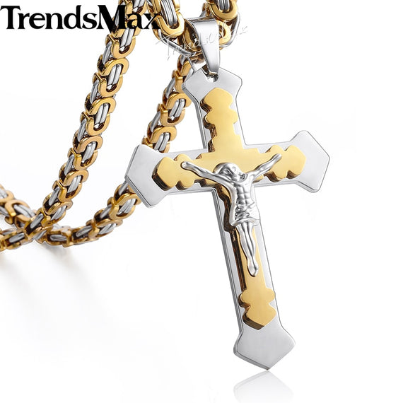 Trendsmax Men's Necklace 2 Layers Cross Jesus Pendant Stainless Steel Byzantine Chain Gold Black Silver Necklace For Men KKP487