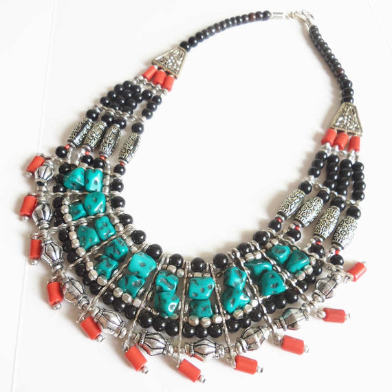 Nepalese Tribal Bohemian Tibetan Silver Turquoise and Coral Multi-layer Beaded Choker Necklace
