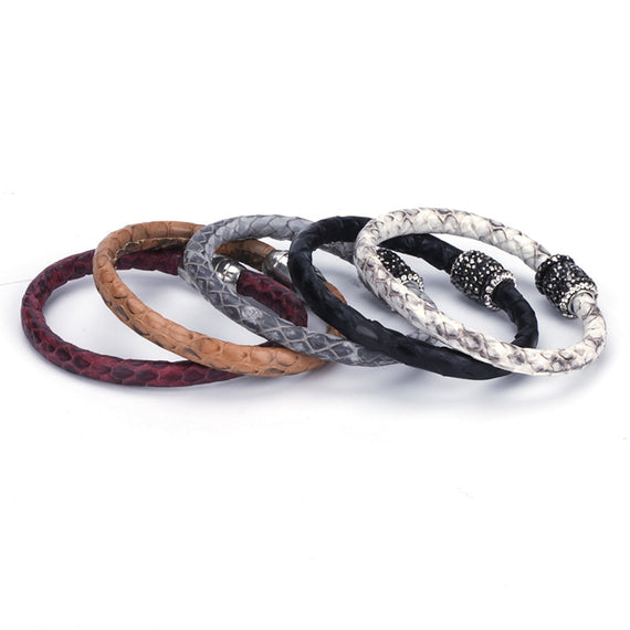 Real snake Leather Wrap stainless steel magnet lock closure unisex Bracelet Cuff Bangle