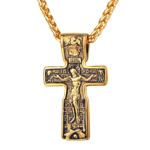 Vintage Stainless Steel Gold & Silver Cross Crucifix Pendant Chain Necklace