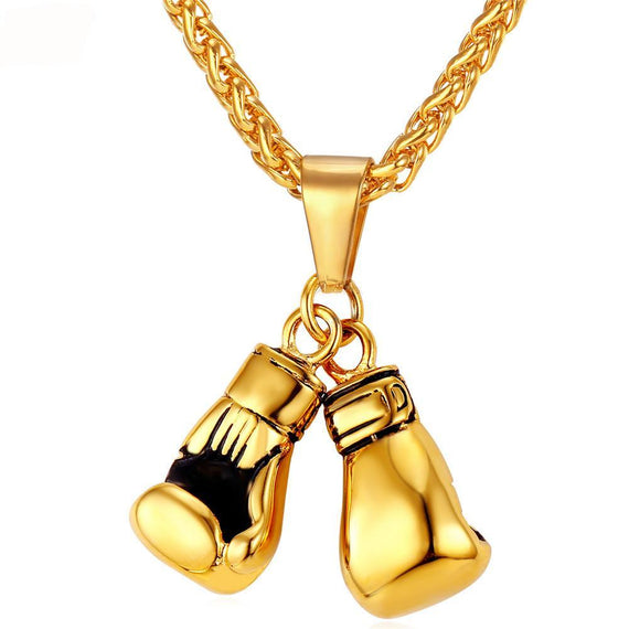 Stainless Steel handcrafted Sports Champion Boxing Gloves Pendant & Link Chain Necklace