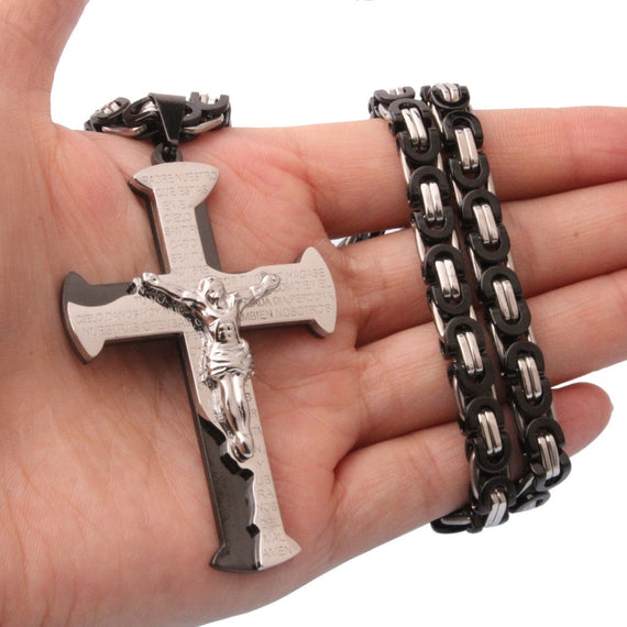 Granny Chic 361L Stainless Steel Silver Black Color Jesus Cross Pendant Necklaces 6mm Heavy Link Byzantine Chain Men Necklace