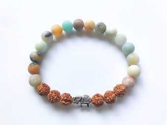 Amazonite & Rudraksha Beads Silver Elephant Charm Bracelets Yoga Reiki Healing Meditation
